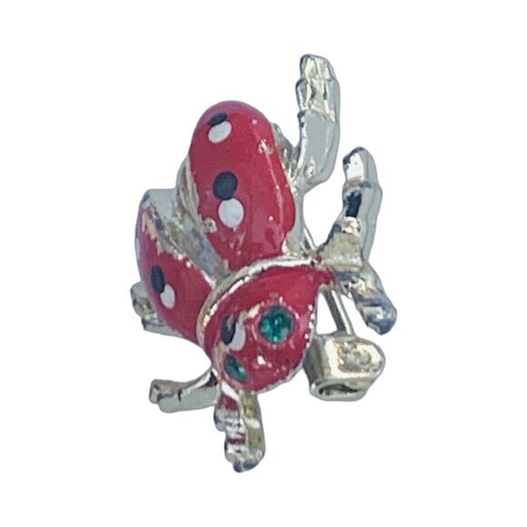Vintage Red Ladybug Brooch Pin 1" Gold Tone Polka Dot Enamel Cute - Picture 3 of 8